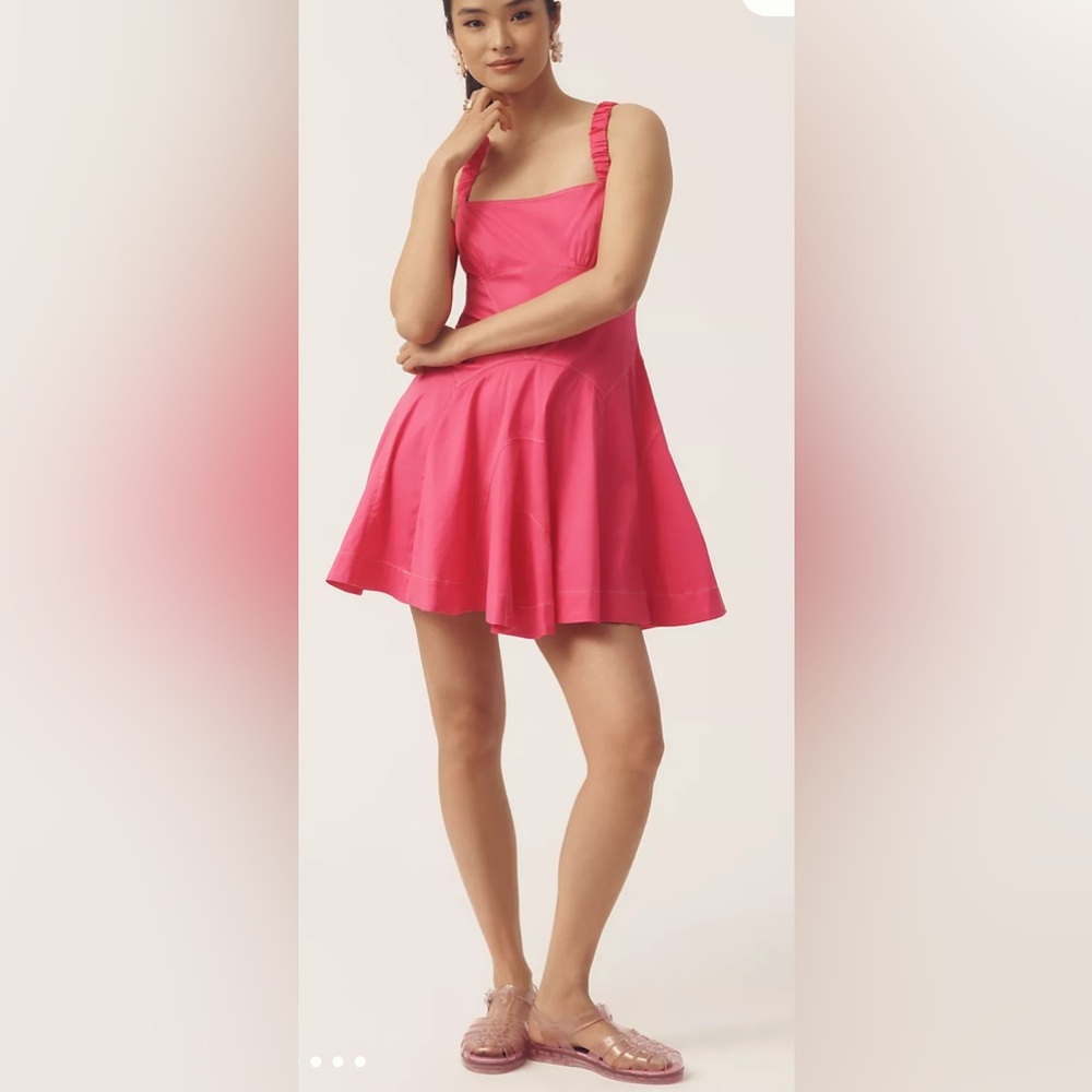 By Anthropologie Pink Plunge Drop Waist A-Line Mini Dress Sleeveless L NEW